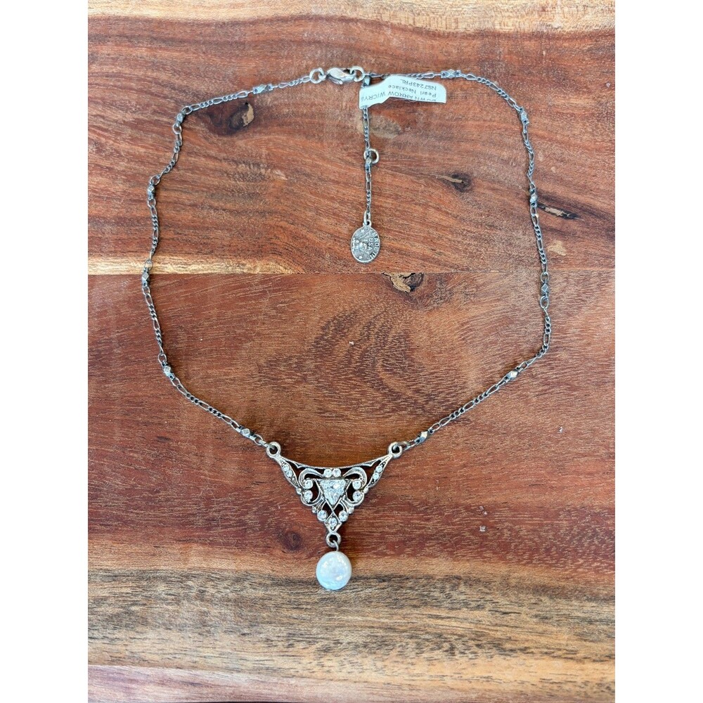 Anne Koplik Sterling Silver Pearl Pendant Necklace Crystal Accents Vintage NWT
